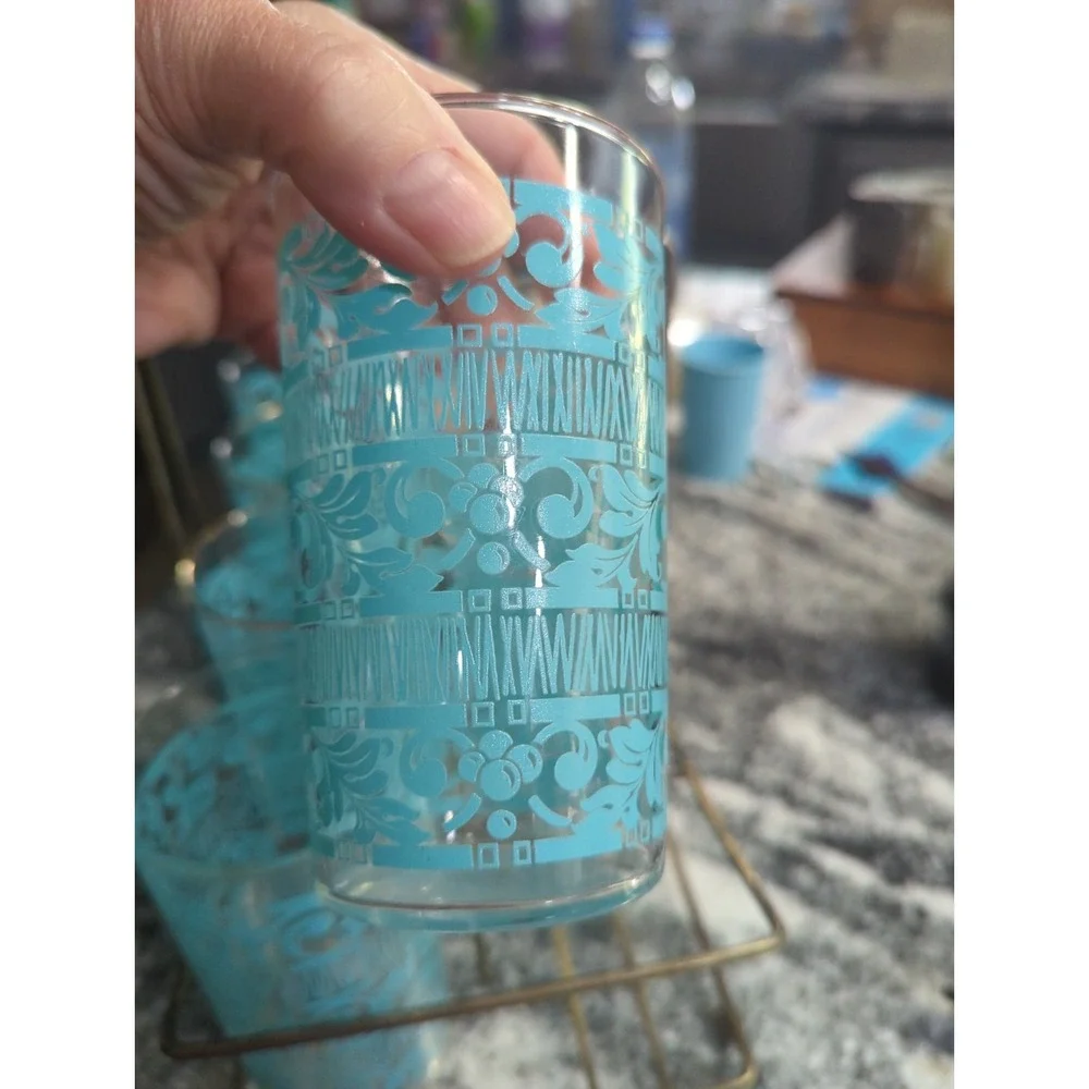 8 Vintage Anchor Hocking Chantilly Turquoise Drinking Glasses With MCM Holder